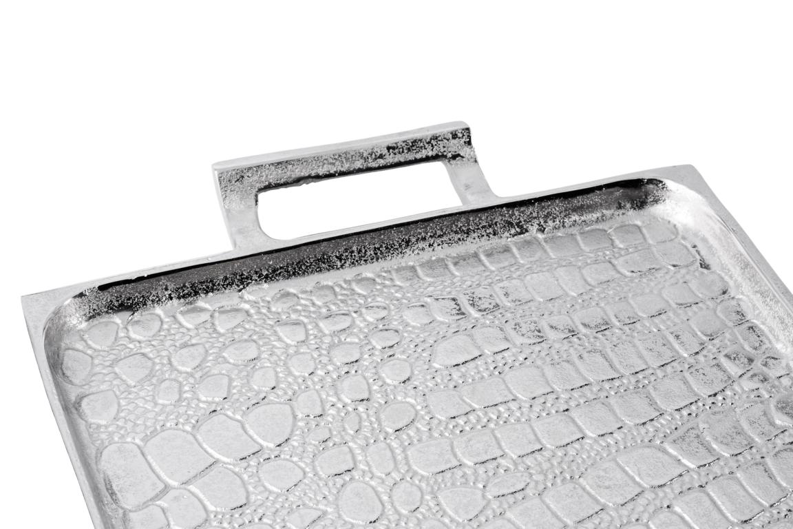 Tablet-5 Tablett Silber aus Metall in Schlangenleder-Optik mit seitlichen Griffen