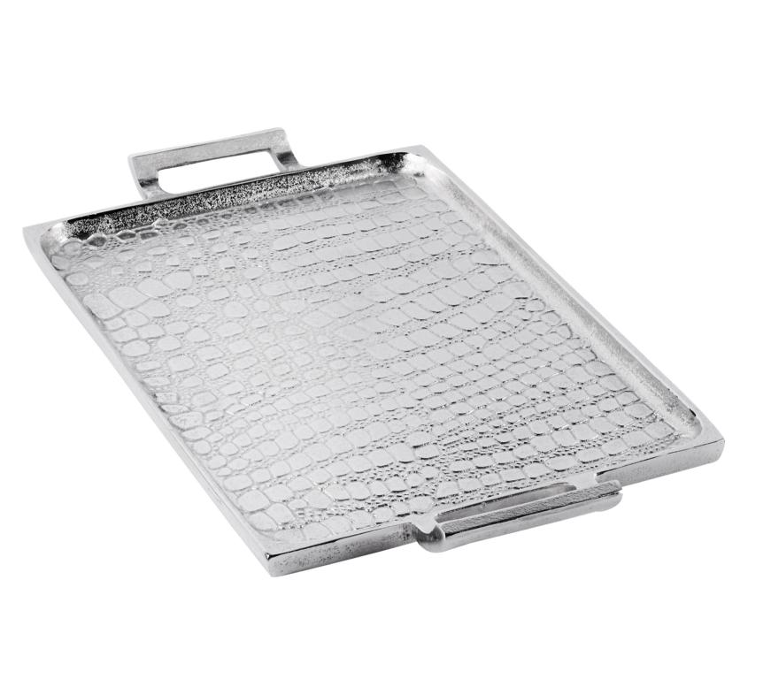 Tablet-1 Tablett Silber aus Metall in Schlangenleder-Optik mit seitlichen Griffen