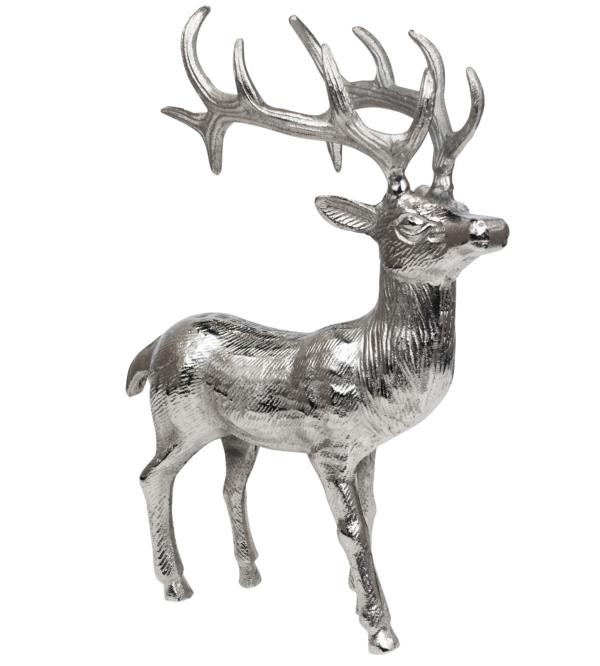 Hirsch-stehend-kr-ftig-Silber-Aluminium Hirsch Deko XL Silber aus Aluminium