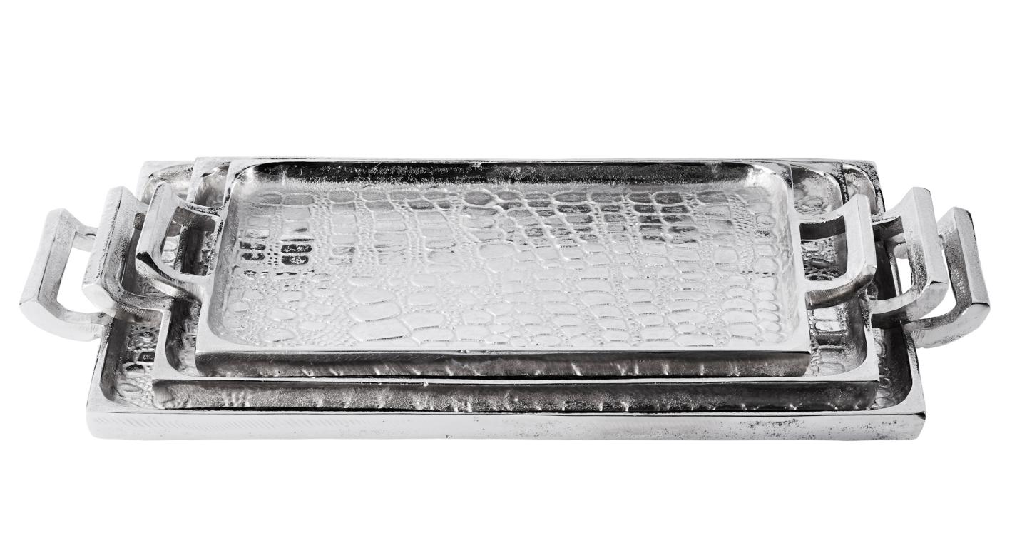 Tablet-3 Tablett Silber aus Metall in Schlangenleder-Optik mit seitlichen Griffen