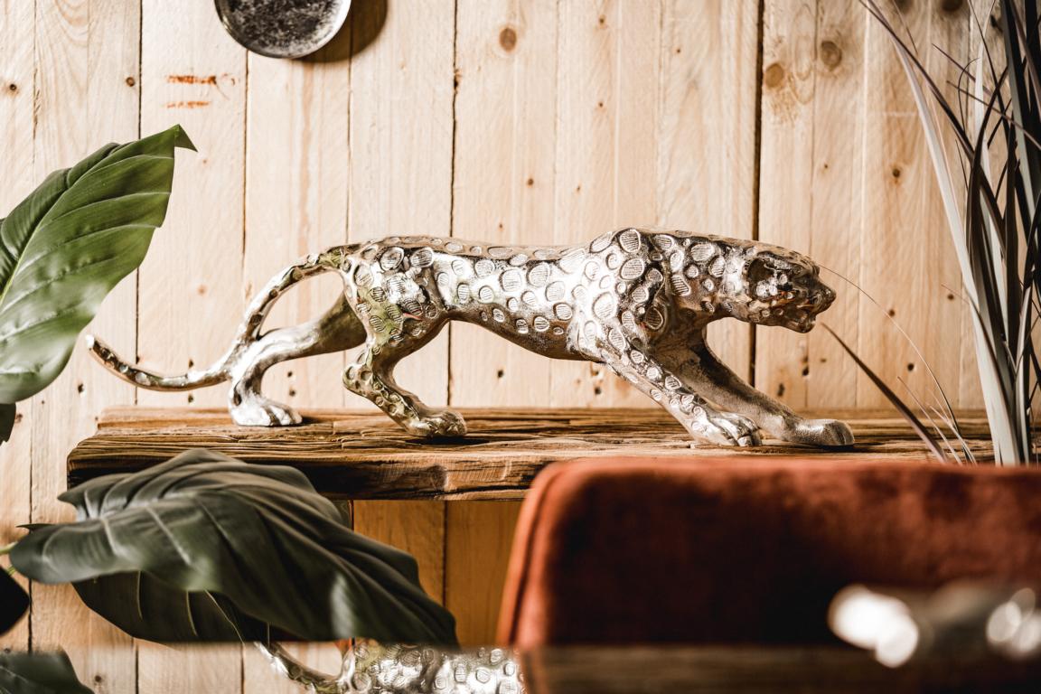 Leopard Figuren Geschenk Tierfigur Dekoration Dekoartikel Kunstharz Silberlack 